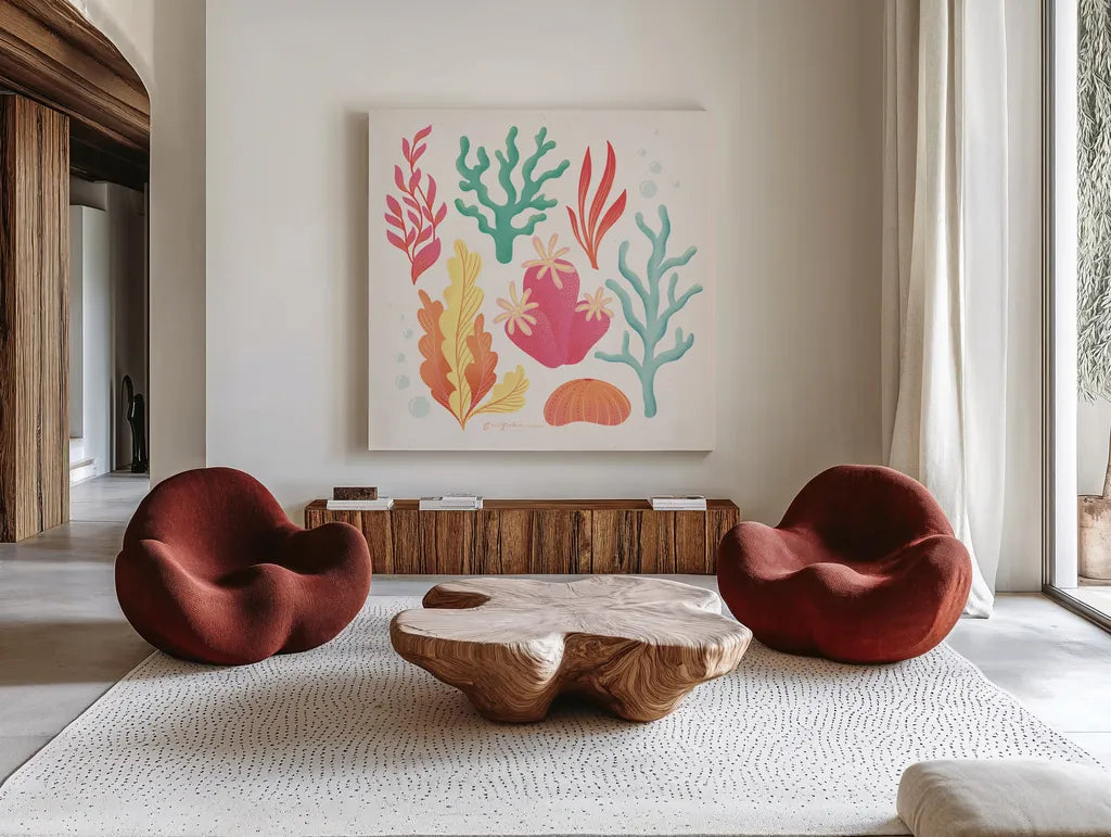 Under the Sea VII by Gia Graham. Shown as extra-large giant wall art in a modern living room. Available as an archival giclee rolled canvas, fine art paper, or poster print. SKU 80911a.