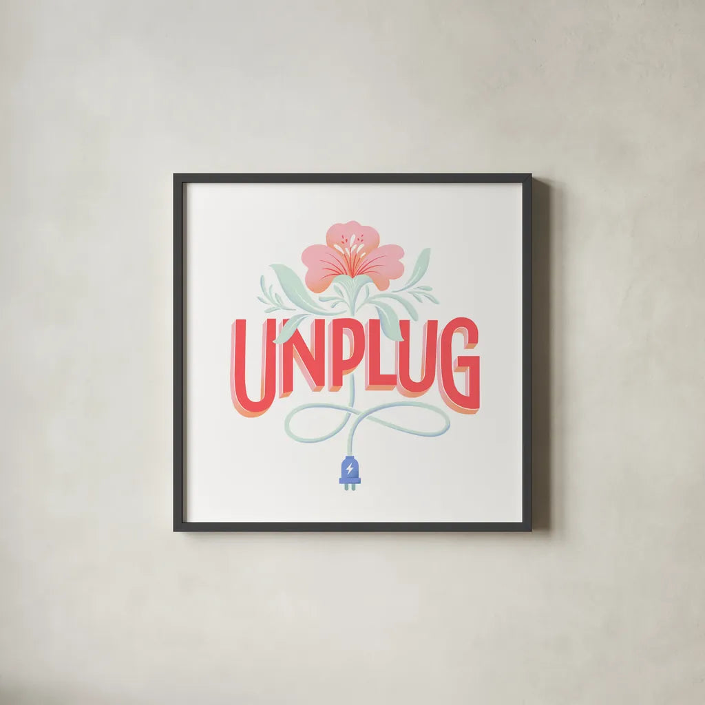 Unplug I by Gia Graham. Shown in a sleek black glass frame for a contemporary gallery look. Available as an archival giclee rolled canvas, fine art paper, or poster print. SKU 75364a.