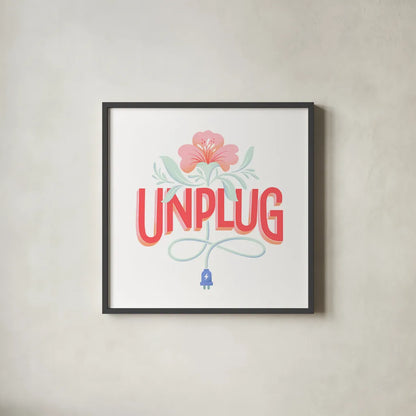 Unplug I by Gia Graham. Shown in a sleek black glass frame for a contemporary gallery look. Available as an archival giclee rolled canvas, fine art paper, or poster print. SKU 75364a.