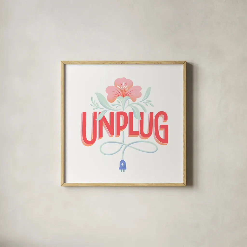 Unplug I by Gia Graham. Shown in a natural wood glass frame for a timeless modern aesthetic. Available as an archival giclee rolled canvas, fine art paper, or poster print. SKU 75364a.