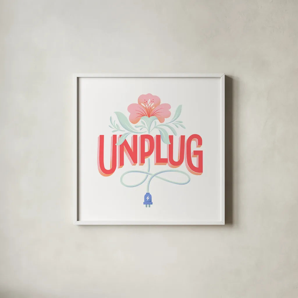 Unplug I by Gia Graham. Shown in a crisp white glass frame for a clean and minimalist style. Available as an archival giclee rolled canvas, fine art paper, or poster print. SKU 75364a.