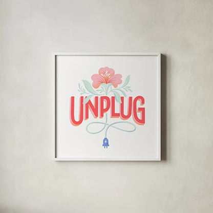 Unplug I by Gia Graham. Shown in a crisp white glass frame for a clean and minimalist style. Available as an archival giclee rolled canvas, fine art paper, or poster print. SKU 75364a.
