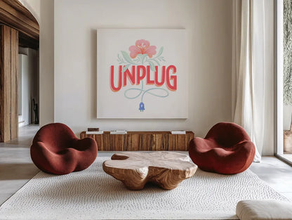 Unplug I by Gia Graham. Shown as extra-large giant wall art in a modern living room. Available as an archival giclee rolled canvas, fine art paper, or poster print. SKU 75364a.