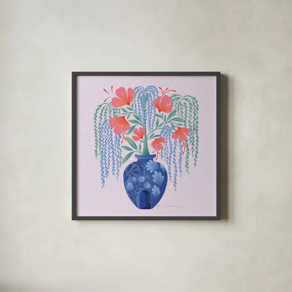 Whimsical Arrangement by Gia Graham. Shown in a sleek black glass frame for a contemporary gallery look. Available as an archival giclee rolled canvas, fine art paper, or poster print. SKU 87436a.