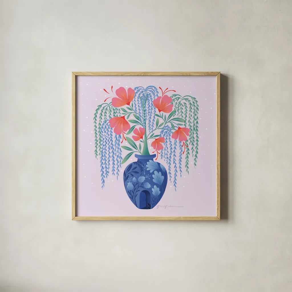 Whimsical Arrangement by Gia Graham. Shown in a natural wood glass frame for a timeless modern aesthetic. Available as an archival giclee rolled canvas, fine art paper, or poster print. SKU 87436a.