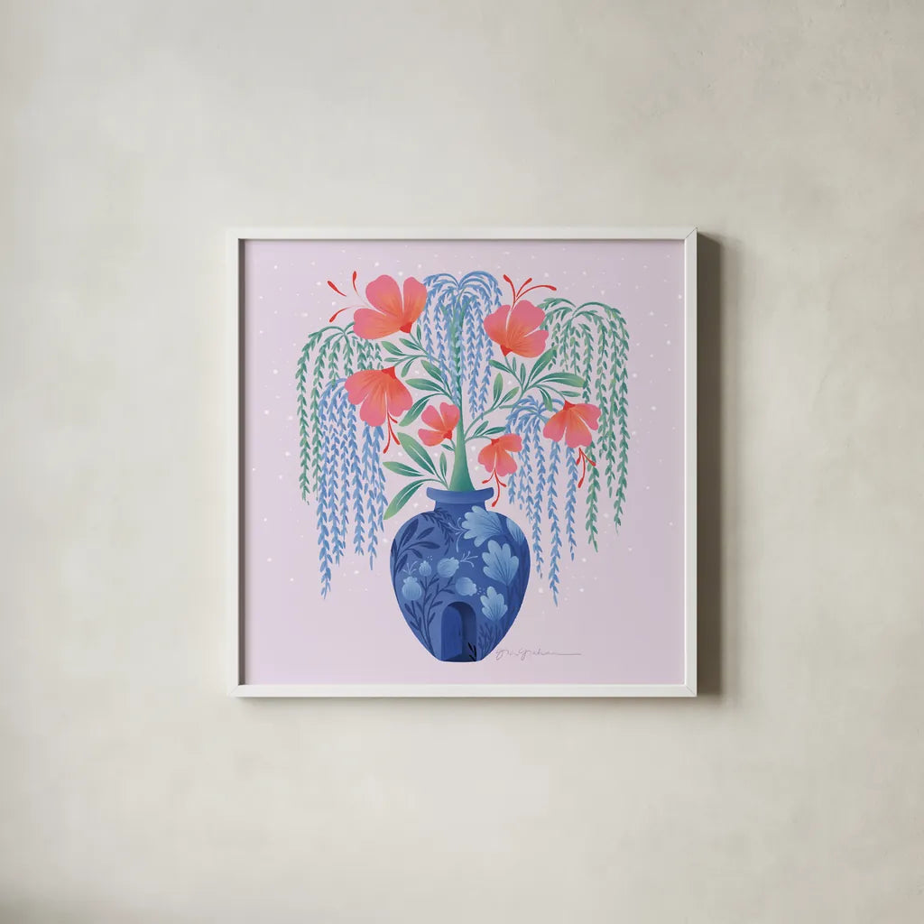 Whimsical Arrangement by Gia Graham. Shown in a crisp white glass frame for a clean and minimalist style. Available as an archival giclee rolled canvas, fine art paper, or poster print. SKU 87436a.