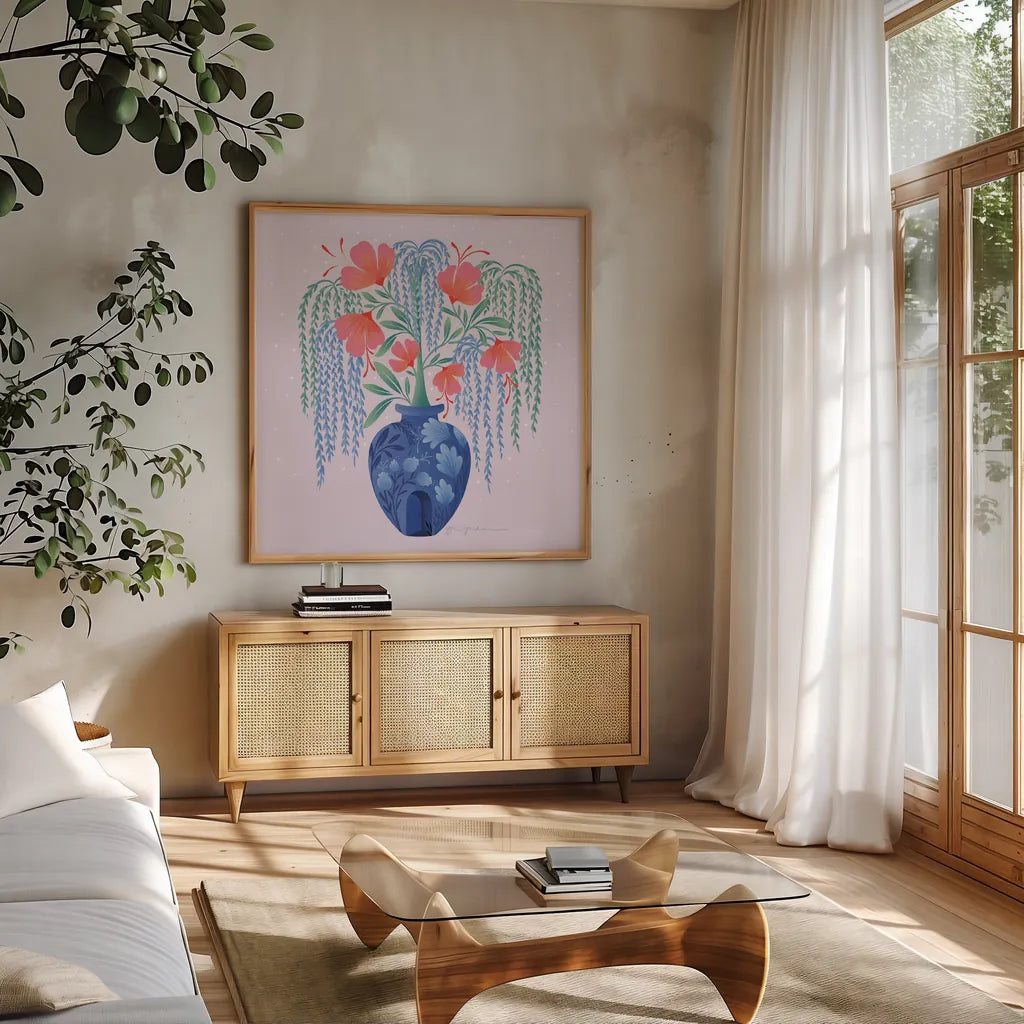 Whimsical Arrangement by Gia Graham. Shown in a natural wood frame in a cozy modern living room. Available as an archival giclee rolled canvas, fine art paper, or poster print. SKU 87436a.