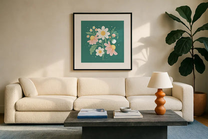Wild and Free III by Gia Graham. Displayed in a glass frame with matte in a clean modern living room. Available as an archival giclee rolled canvas, fine art paper, or poster print. SKU 88025a.