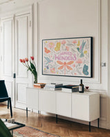 Winged Wonders I by Gia Graham. shown as a framed stretched canvas in a living room above a console. Available as a archival giclee rolled canvas, fine art paper, or poster print. SKU 85037i.