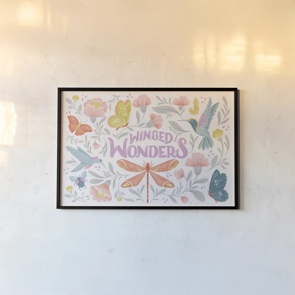 Winged Wonders I by Gia Graham. shown as a paper print in a black flame. Available as a archival giclee rolled canvas, fine art paper, or poster print. SKU 85037i.