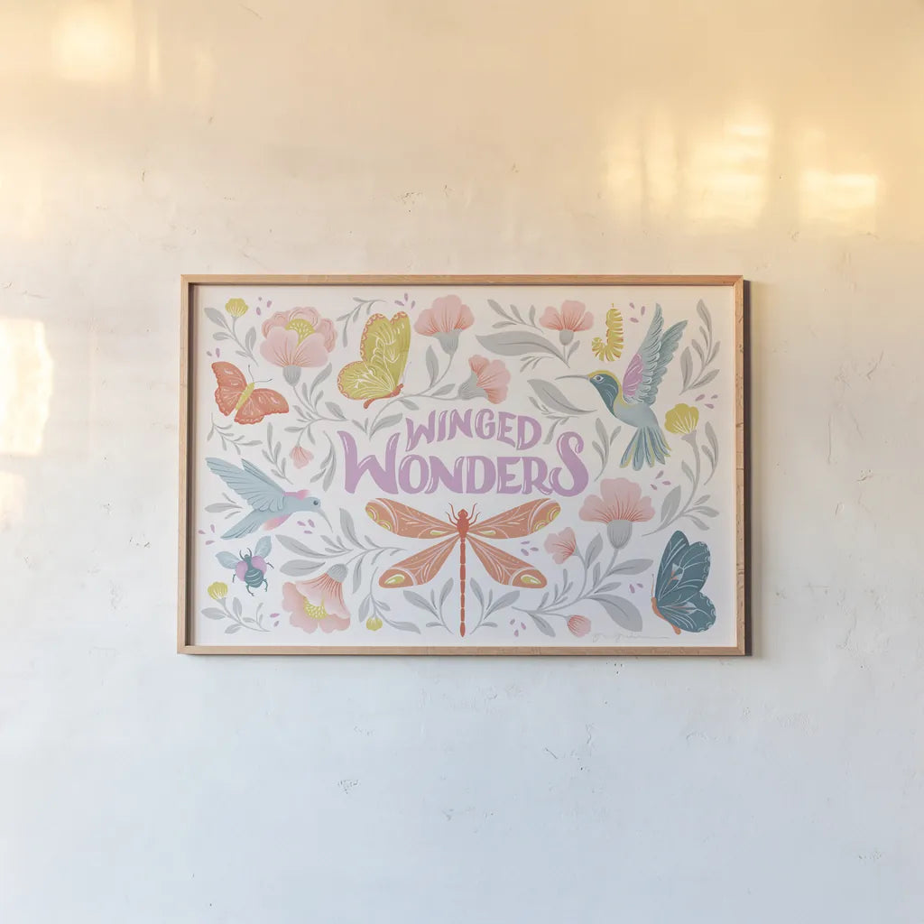 Winged Wonders I by Gia Graham. shown as a paper print in a natural frame. Available as a archival giclee rolled canvas, fine art paper, or poster print. SKU 85037i.