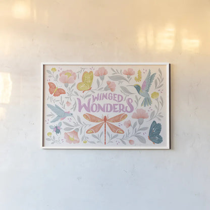 Winged Wonders I by Gia Graham. shown as a paper print in a white frame. Available as a archival giclee rolled canvas, fine art paper, or poster print. SKU 85037i.