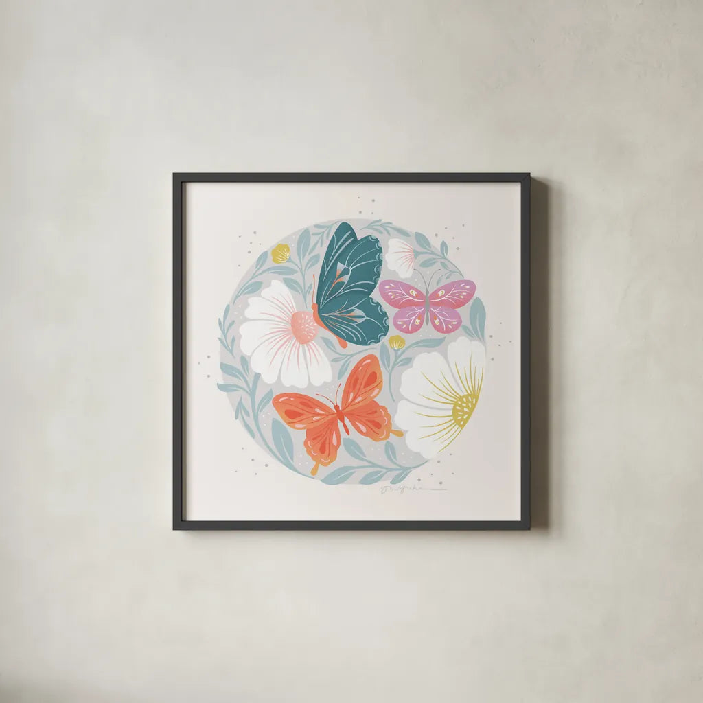 Winged Wonders II by Gia Graham. Shown in a sleek black glass frame for a contemporary gallery look. Available as an archival giclee rolled canvas, fine art paper, or poster print. SKU 85038a.