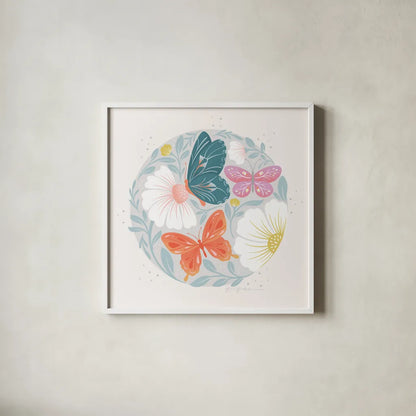 Winged Wonders II by Gia Graham. Shown in a crisp white glass frame for a clean and minimalist style. Available as an archival giclee rolled canvas, fine art paper, or poster print. SKU 85038a.