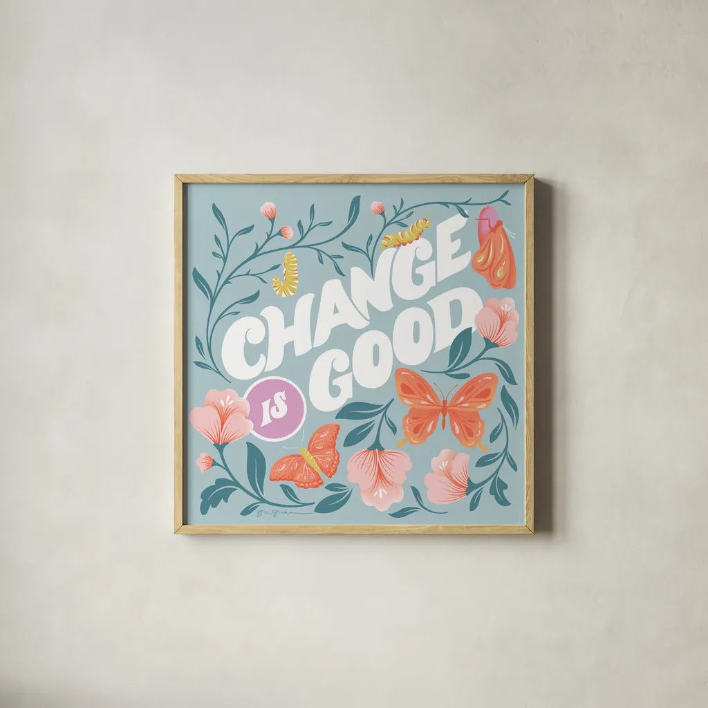 Winged Wonders IV by Gia Graham. Shown in a natural wood glass frame for a timeless modern aesthetic. Available as an archival giclee rolled canvas, fine art paper, or poster print. SKU 85040a.