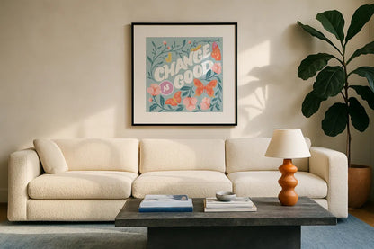 Winged Wonders IV by Gia Graham. Displayed in a glass frame with matte in a clean modern living room. Available as an archival giclee rolled canvas, fine art paper, or poster print. SKU 85040a.