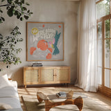 Winged Wonders V by Gia Graham. Shown in a natural wood frame in a cozy modern living room. Available as an archival giclee rolled canvas, fine art paper, or poster print. SKU 85041a.