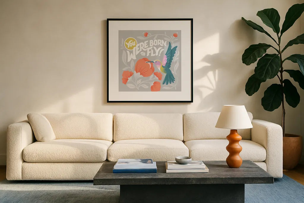 Winged Wonders V by Gia Graham. Displayed in a glass frame with matte in a clean modern living room. Available as an archival giclee rolled canvas, fine art paper, or poster print. SKU 85041a.
