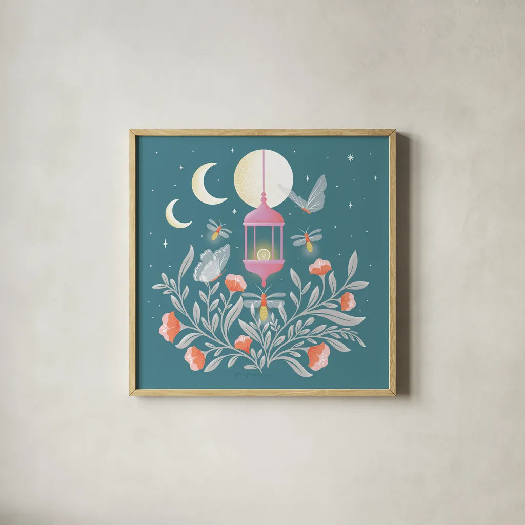 Winged Wonders VII by Gia Graham. Shown in a natural wood glass frame for a timeless modern aesthetic. Available as an archival giclee rolled canvas, fine art paper, or poster print. SKU 85043a.