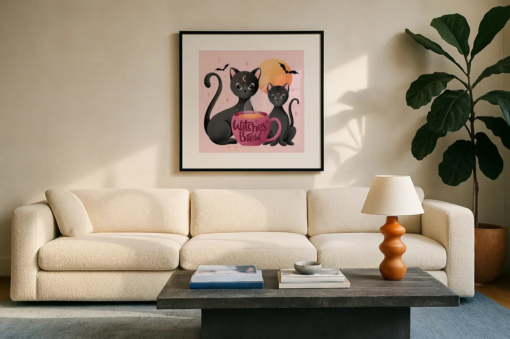 Witches Brew by Gia Graham. Displayed in a glass frame with matte in a clean modern living room. Available as an archival giclee rolled canvas, fine art paper, or poster print. SKU 90258a.