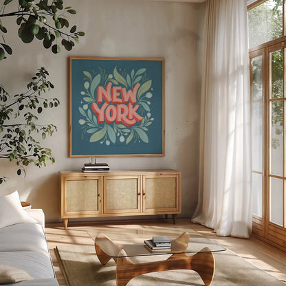 World Cities II by Gia Graham. Shown in a natural wood frame in a cozy modern living room. Available as an archival giclee rolled canvas, fine art paper, or poster print. SKU 67088a.