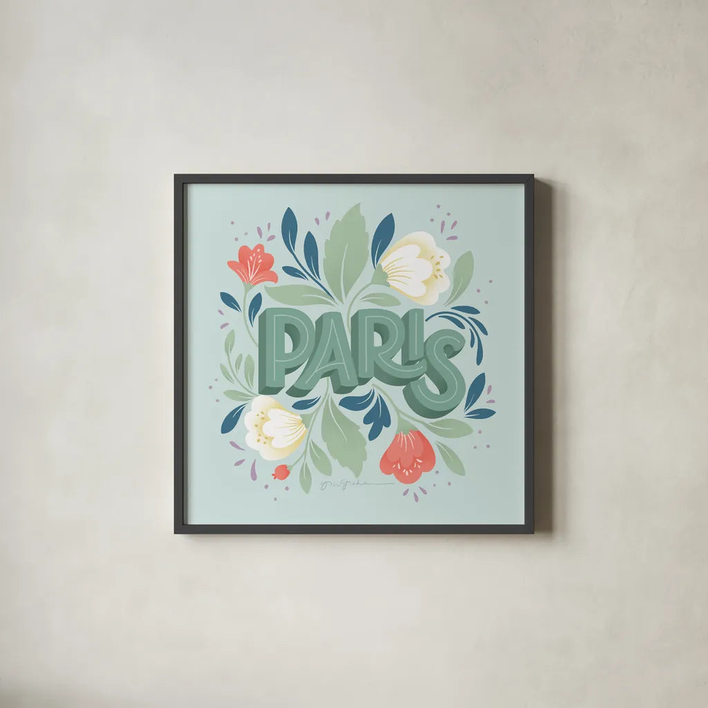 World Cities III by Gia Graham. Shown in a sleek black glass frame for a contemporary gallery look. Available as an archival giclee rolled canvas, fine art paper, or poster print. SKU 67089a.