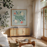 World Cities III by Gia Graham. Shown in a natural wood frame in a cozy modern living room. Available as an archival giclee rolled canvas, fine art paper, or poster print. SKU 67089a.