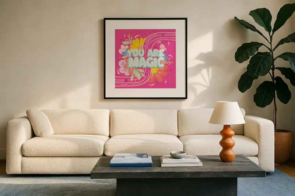 You Are Magic by Gia Graham. Displayed in a glass frame with matte in a clean modern living room. Available as an archival giclee rolled canvas, fine art paper, or poster print. SKU 87813a.
