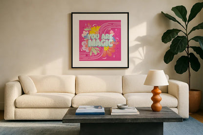 You Are Magic by Gia Graham. Displayed in a glass frame with matte in a clean modern living room. Available as an archival giclee rolled canvas, fine art paper, or poster print. SKU 87813a.