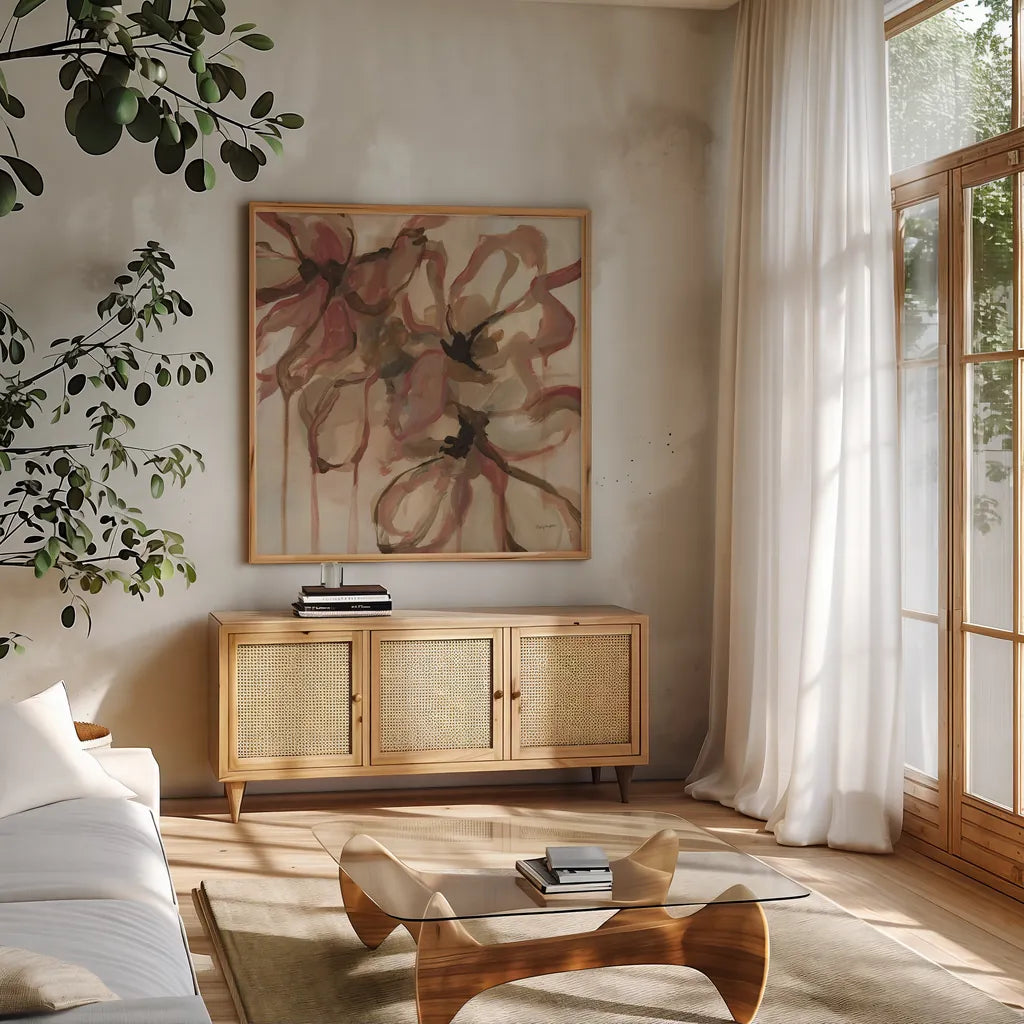 Amelia by Haley Knighten. Shown in a natural wood frame in a cozy modern living room. Available as an archival giclee rolled canvas, fine art paper, or poster print. SKU 91816a.