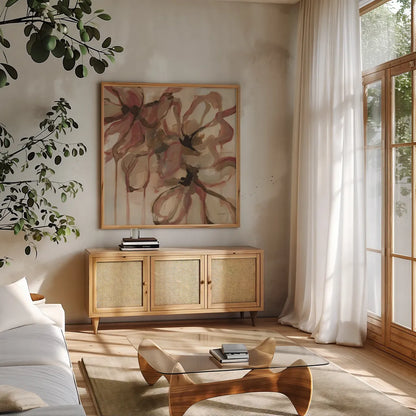 Amelia by Haley Knighten. Shown in a natural wood frame in a cozy modern living room. Available as an archival giclee rolled canvas, fine art paper, or poster print. SKU 91816a.