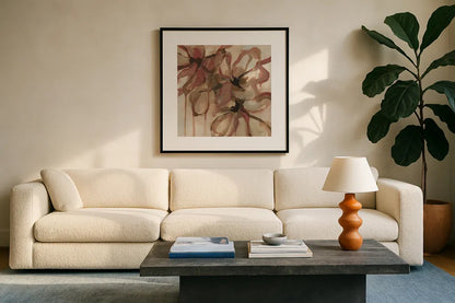 Amelia by Haley Knighten. Displayed in a glass frame with matte in a clean modern living room. Available as an archival giclee rolled canvas, fine art paper, or poster print. SKU 91816a.