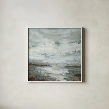 Beachcombing by Haley Knighten. Shown in a crisp white glass frame for a clean and minimalist style. Available as an archival giclee rolled canvas, fine art paper, or poster print. SKU 95250a.