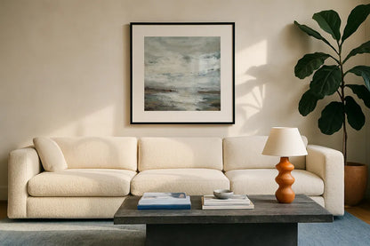 Beachcombing by Haley Knighten. Displayed in a glass frame with matte in a clean modern living room. Available as an archival giclee rolled canvas, fine art paper, or poster print. SKU 95250a.