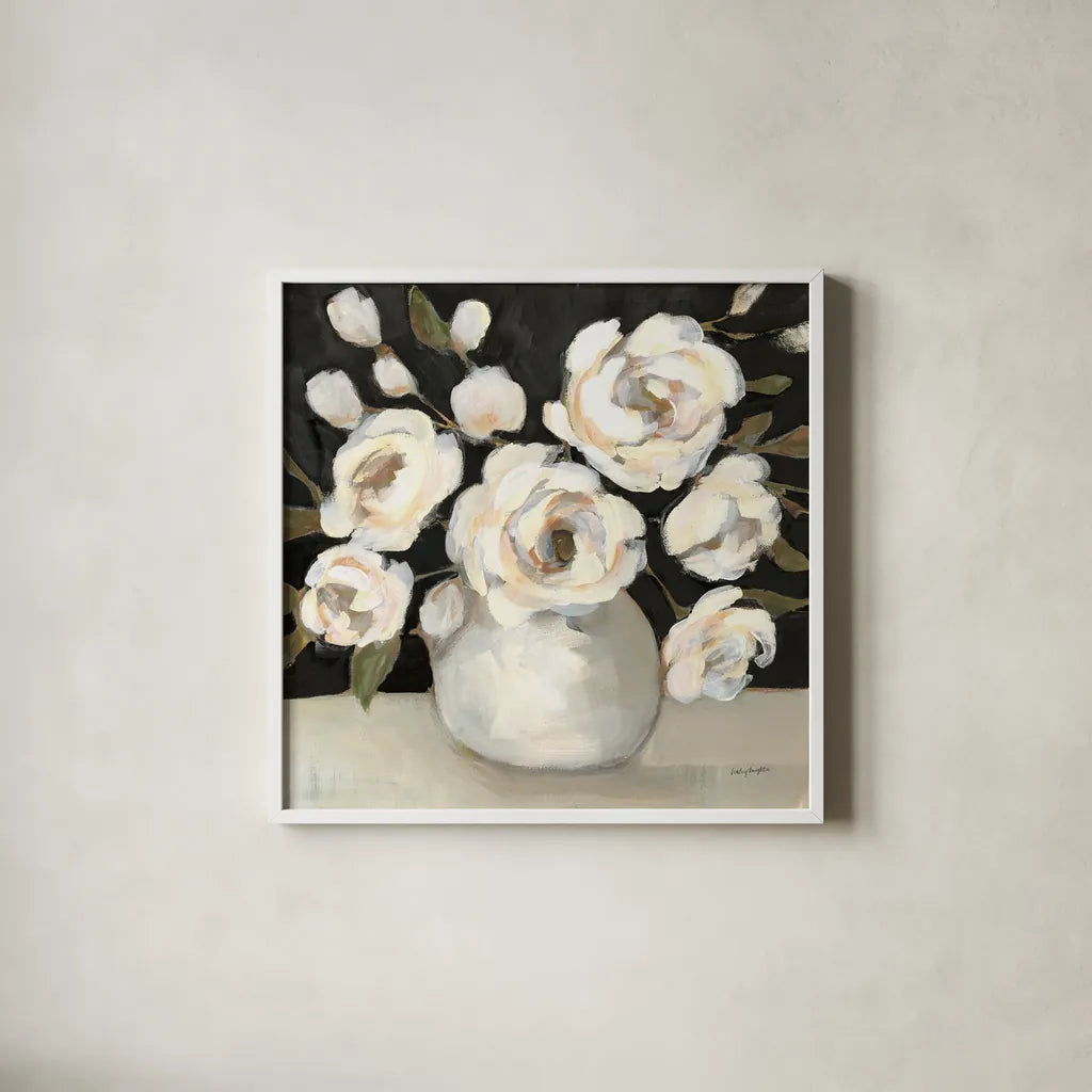 Billy Jean Black by Haley Knighten. Shown in a crisp white glass frame for a clean and minimalist style. Available as an archival giclee rolled canvas, fine art paper, or poster print. SKU 92989a.