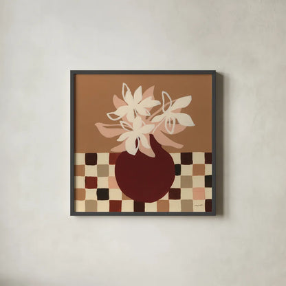 Calico Lilies by Haley Knighten. Shown in a sleek black glass frame for a contemporary gallery look. Available as an archival giclee rolled canvas, fine art paper, or poster print. SKU 95367a.