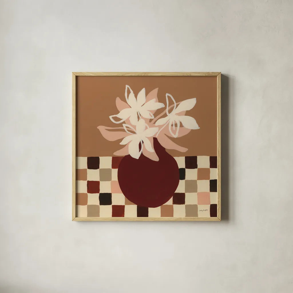 Calico Lilies by Haley Knighten. Shown in a natural wood glass frame for a timeless modern aesthetic. Available as an archival giclee rolled canvas, fine art paper, or poster print. SKU 95367a.