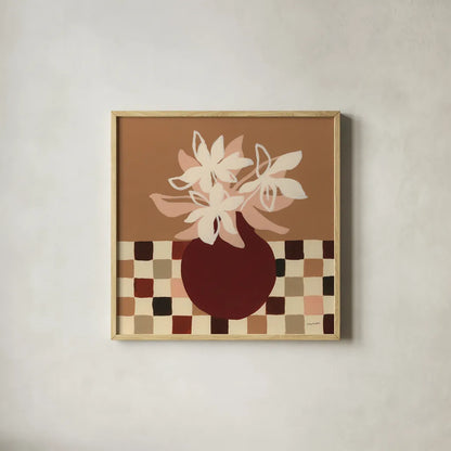 Calico Lilies by Haley Knighten. Shown in a natural wood glass frame for a timeless modern aesthetic. Available as an archival giclee rolled canvas, fine art paper, or poster print. SKU 95367a.