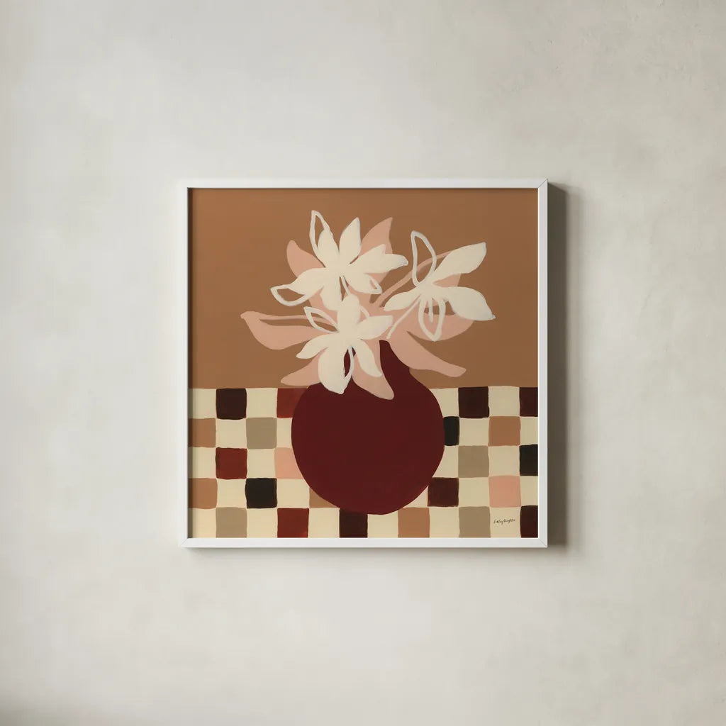 Calico Lilies by Haley Knighten. Shown in a crisp white glass frame for a clean and minimalist style. Available as an archival giclee rolled canvas, fine art paper, or poster print. SKU 95367a.