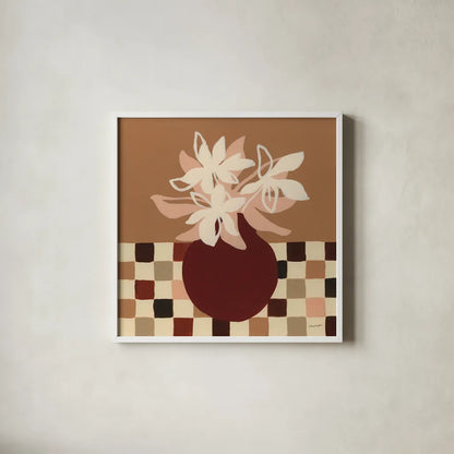 Calico Lilies by Haley Knighten. Shown in a crisp white glass frame for a clean and minimalist style. Available as an archival giclee rolled canvas, fine art paper, or poster print. SKU 95367a.