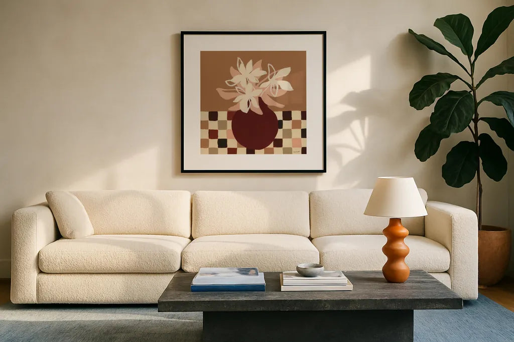 Calico Lilies by Haley Knighten. Displayed in a glass frame with matte in a clean modern living room. Available as an archival giclee rolled canvas, fine art paper, or poster print. SKU 95367a.