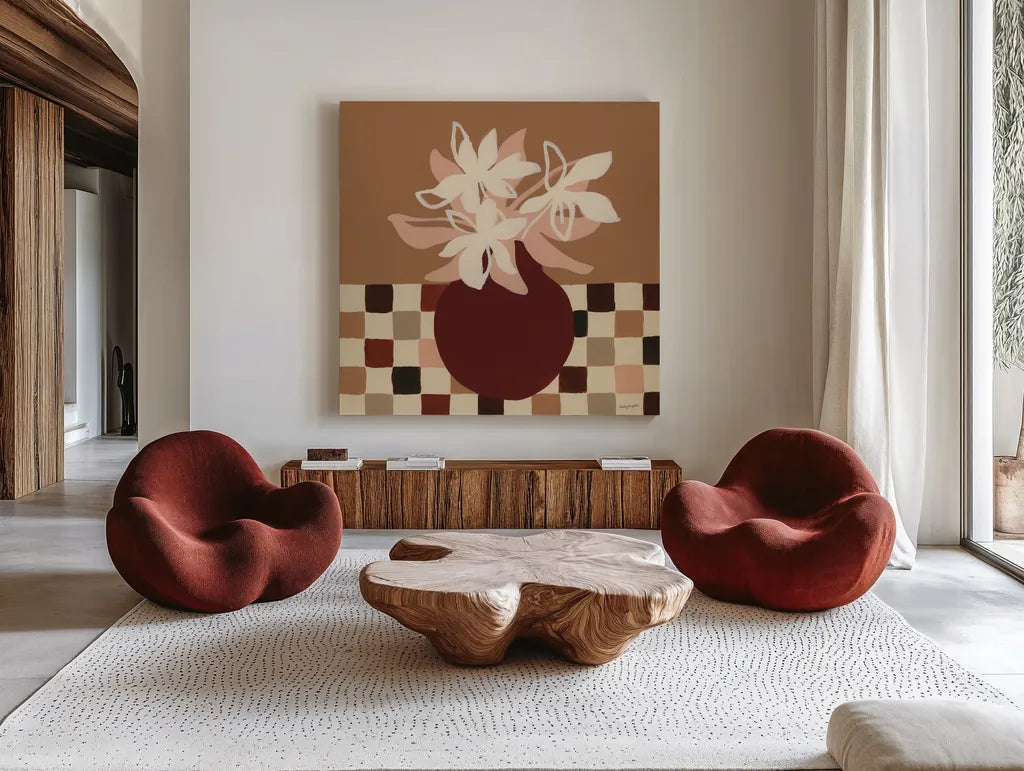 Calico Lilies by Haley Knighten. Shown as extra-large giant wall art in a modern living room. Available as an archival giclee rolled canvas, fine art paper, or poster print. SKU 95367a.
