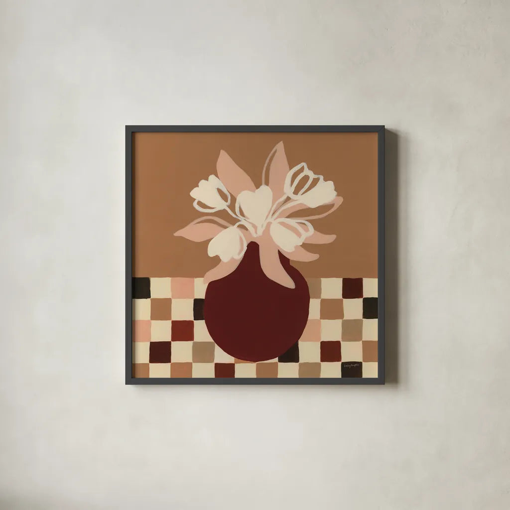 Calico Tulips by Haley Knighten. Shown in a sleek black glass frame for a contemporary gallery look. Available as an archival giclee rolled canvas, fine art paper, or poster print. SKU 95366a.