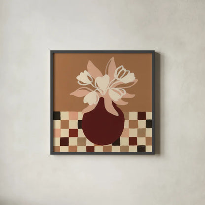 Calico Tulips by Haley Knighten. Shown in a sleek black glass frame for a contemporary gallery look. Available as an archival giclee rolled canvas, fine art paper, or poster print. SKU 95366a.