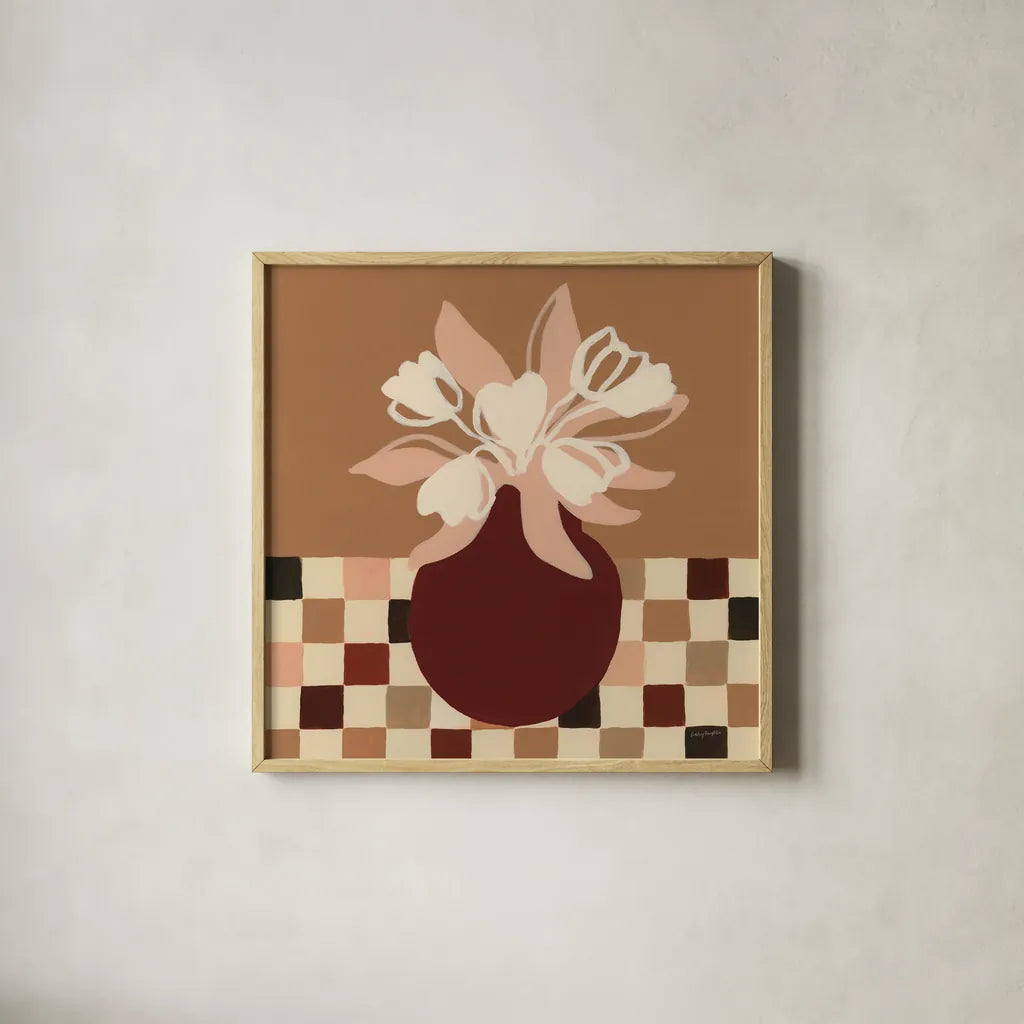 Calico Tulips by Haley Knighten. Shown in a natural wood glass frame for a timeless modern aesthetic. Available as an archival giclee rolled canvas, fine art paper, or poster print. SKU 95366a.