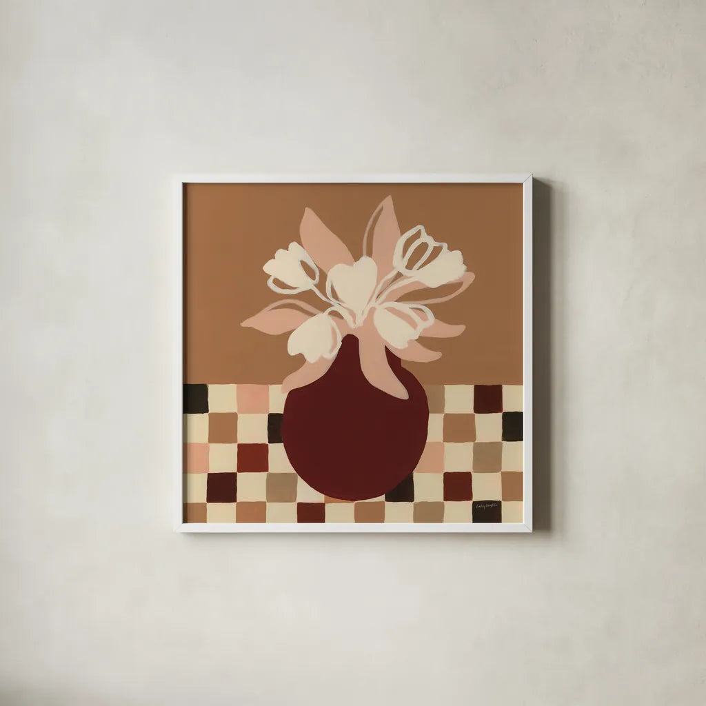 Calico Tulips by Haley Knighten. Shown in a crisp white glass frame for a clean and minimalist style. Available as an archival giclee rolled canvas, fine art paper, or poster print. SKU 95366a.