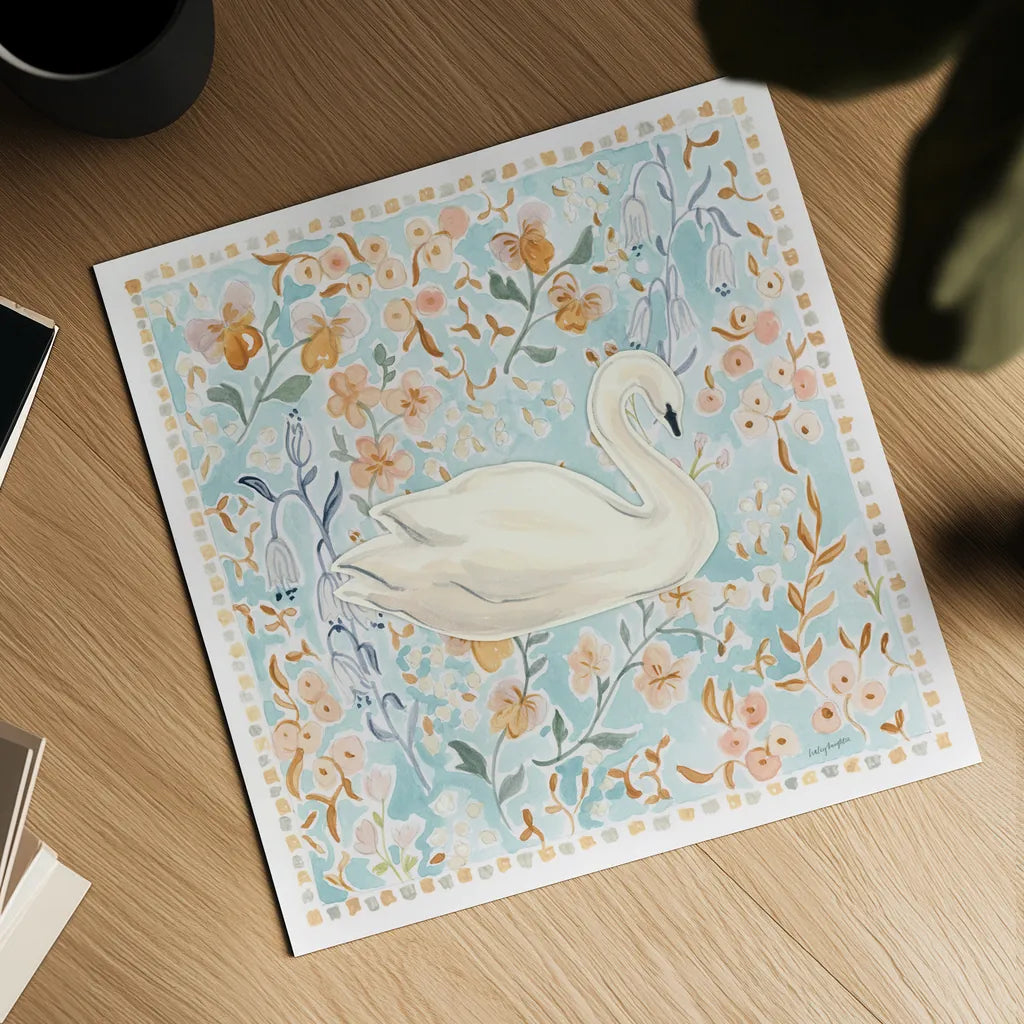Chinoiserie Swan by Haley Knighten. Shown as a detailed flat fine art print, highlighting archival giclee quality. Available as an archival giclee rolled canvas, fine art paper, or poster print. SKU 98630a.