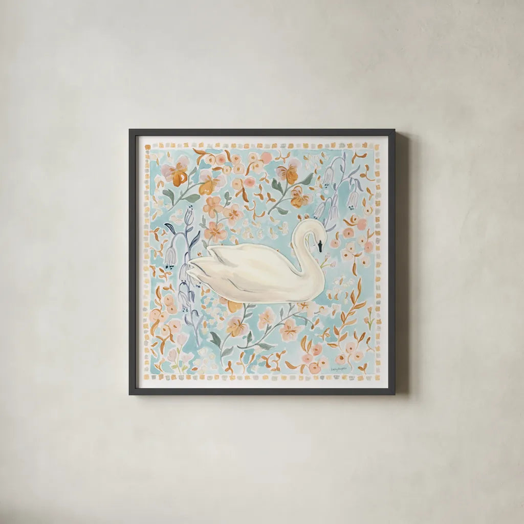 Chinoiserie Swan by Haley Knighten. Shown in a sleek black glass frame for a contemporary gallery look. Available as an archival giclee rolled canvas, fine art paper, or poster print. SKU 98630a.