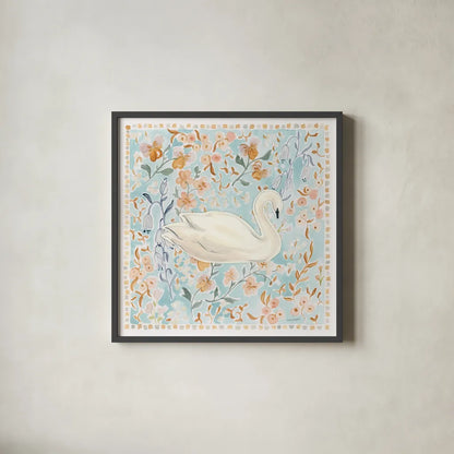 Chinoiserie Swan by Haley Knighten. Shown in a sleek black glass frame for a contemporary gallery look. Available as an archival giclee rolled canvas, fine art paper, or poster print. SKU 98630a.