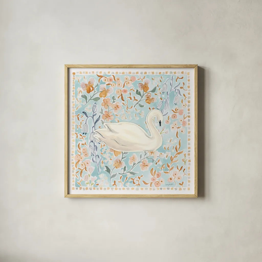 Chinoiserie Swan by Haley Knighten. Shown in a natural wood glass frame for a timeless modern aesthetic. Available as an archival giclee rolled canvas, fine art paper, or poster print. SKU 98630a.